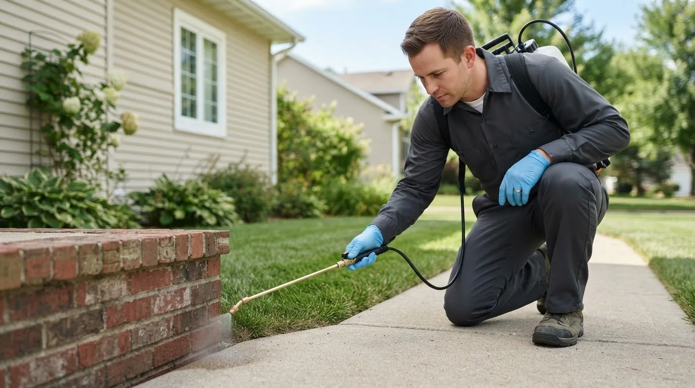 Pest control technician treating a home near Belleville, NY